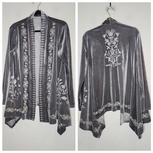 La Bellum Velvet Embroidered Grey Kimono Cardigan Size Medium